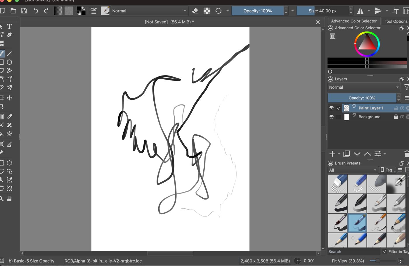 Krita canvas with freehand strokes that go from thin and light to thick and dark