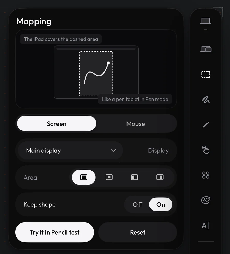 The Mapping panel on iPad: Screen or Mouse, the display, the area and Keep shape