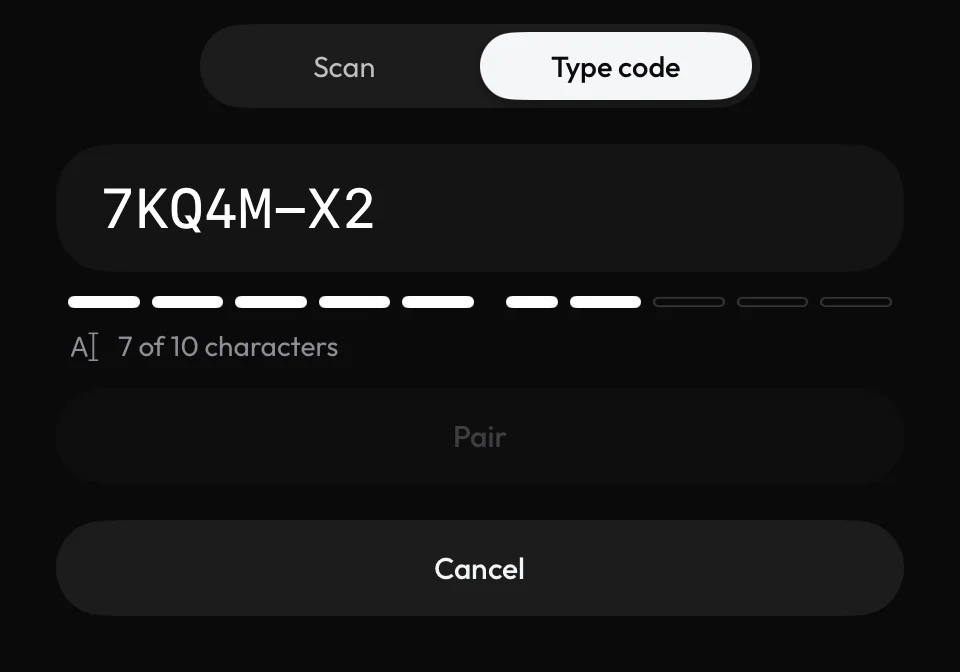 Typing the pairing code on the iPad, 7 of 10 characters entered