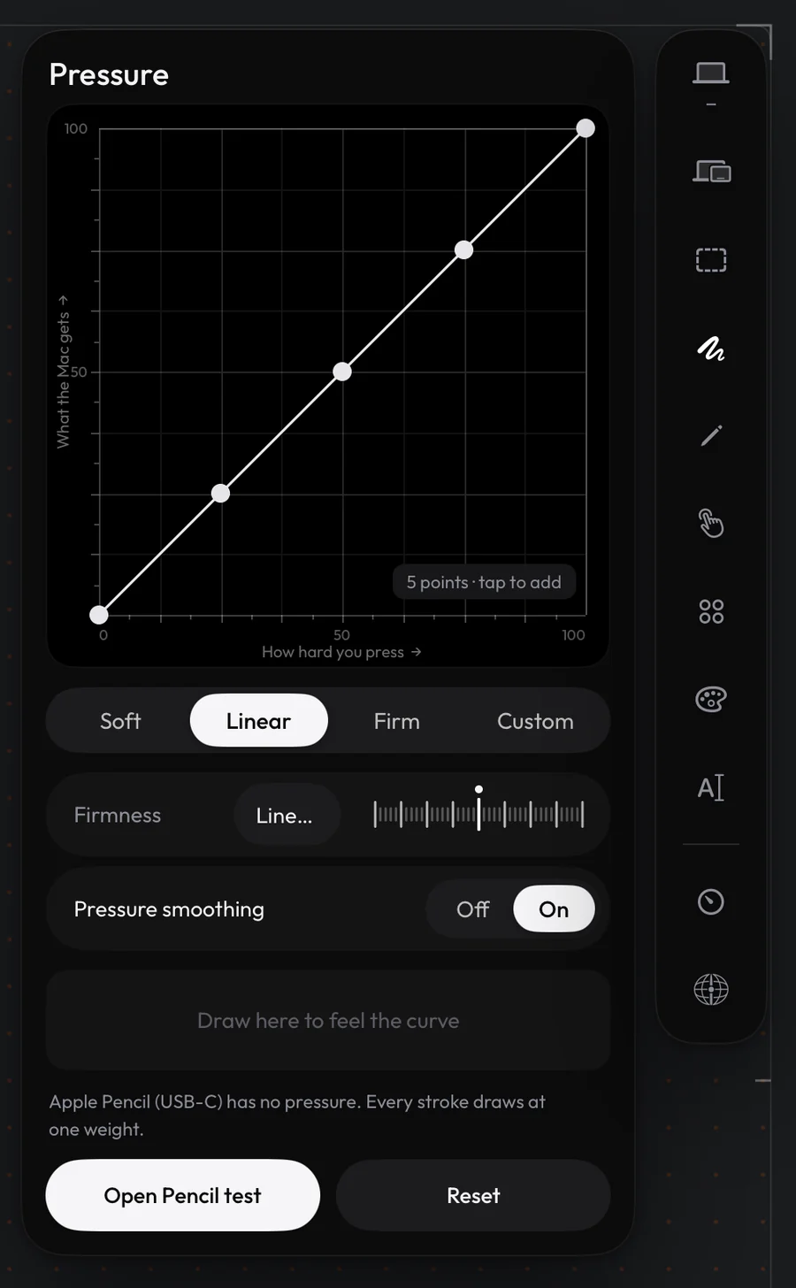 The pressure curve panel on iPad with Soft, Linear, Firm and Custom