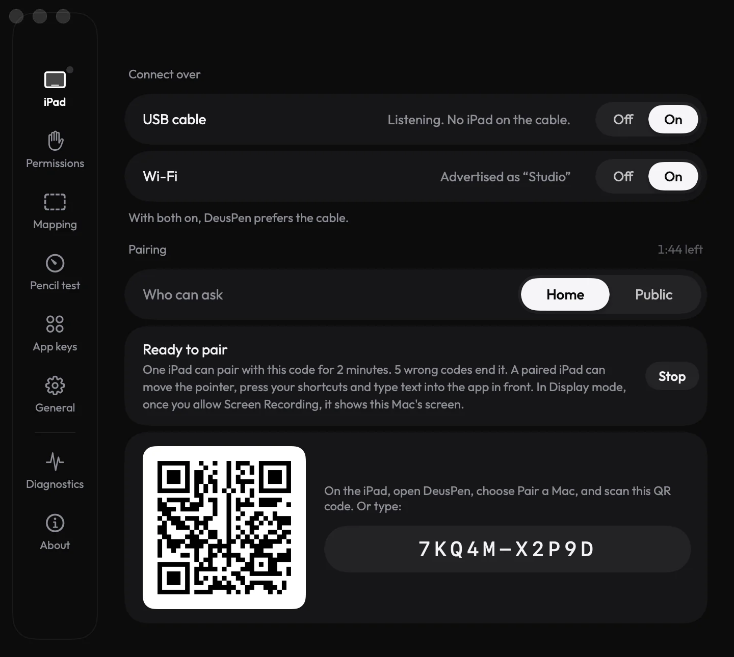 Deus XT Settings on the Mac, iPad page, ready to pair with a QR code and a code
