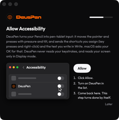 The companion's welcome on the Mac, asking to allow Accessibility