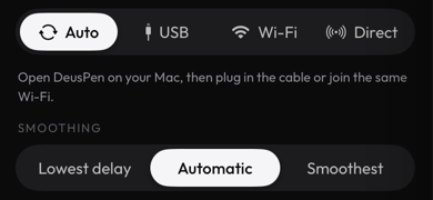 Deus XT on iPad, Mac panel: connect with Auto, USB, Wi-Fi or Direct, and Smoothing set to Lowest delay, Automatic or Smoothest